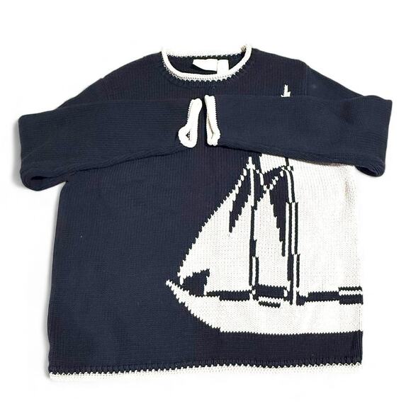 Liz Claiborne Liz&Co XL Sweater 100% Cotton Navy Nautical Sailboat Knit Pullover - Picture 5 of 5